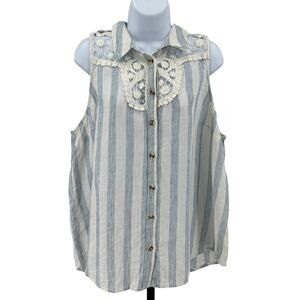 Maeve by Anthropologie Tops WMNS XL White Blue Striped Lace Trim Linen Blouse